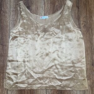 Peony Vintage 100% Silk Hand Embroidered Tank Top Gold Satin Blouse Size 36